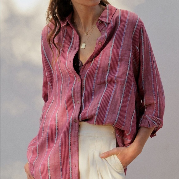 Anthropologie Pilcro The Bo Boyfriend Embroidered Buttondown Raspberry Pink Sz S - Picture 3 of 15